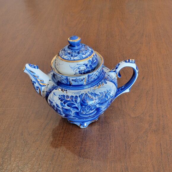 Vintage Porcelain Gzhel teapot blue gold plated handmade - Picture 3 of 12